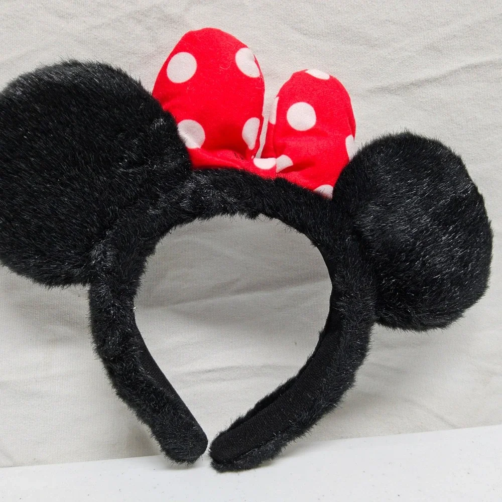 Disney Headband Kids OS Black Minnie Mouse Plush Faux Fur Polka Dot Bow Ears